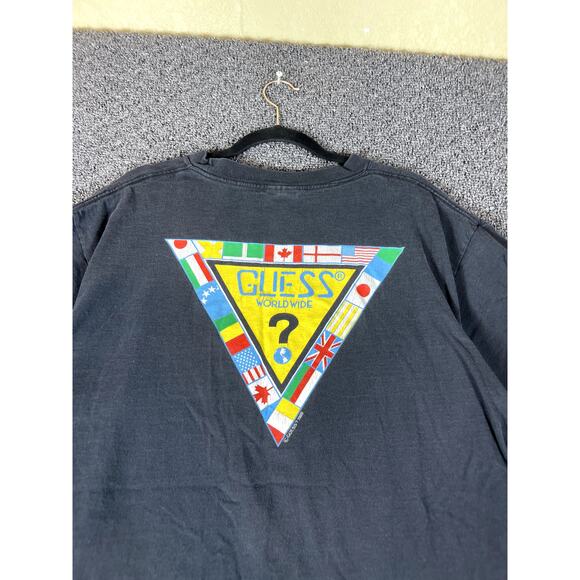 Vintage 80s Guess Worldwide Graphic Tee Mens One Size Flags USA Made Retro Black - Picture 3 of 11